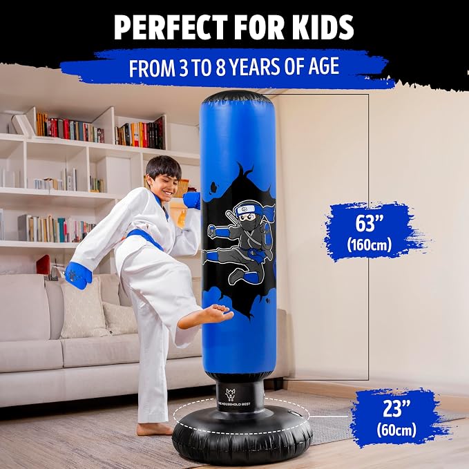 THB Punching Bag for Kids - Inflatable Punching Bag with Boxing Gloves for Kids Age 3-8, 63” Ninja Boxing Bag with Electric Air Pump to Practice Taekwondo, Karate, MMA, Bouncing Back
