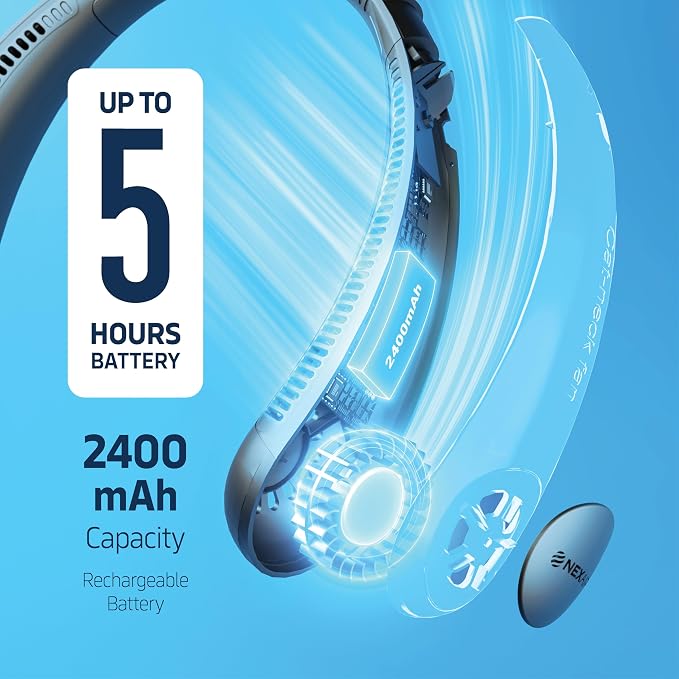 NEXAIR Portable Neck Fan Hands Free Cooling Lightweight Bladeless Neck Fan, 3 Speeds, 2400mAh Battery, 5H Runtime White