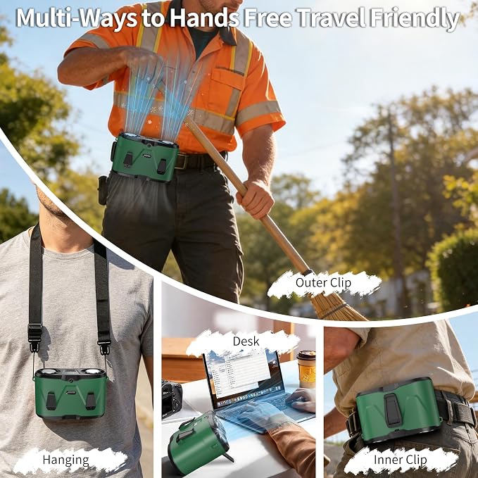 20000mAh Wearable Waist Fan, USB Rechargeable Personal Fan with 10 Wind Speeds, Dual Motors Portable Clip On Fan, Hands Free Cooling Fan for Outdoor Working Camping Travel (Green)