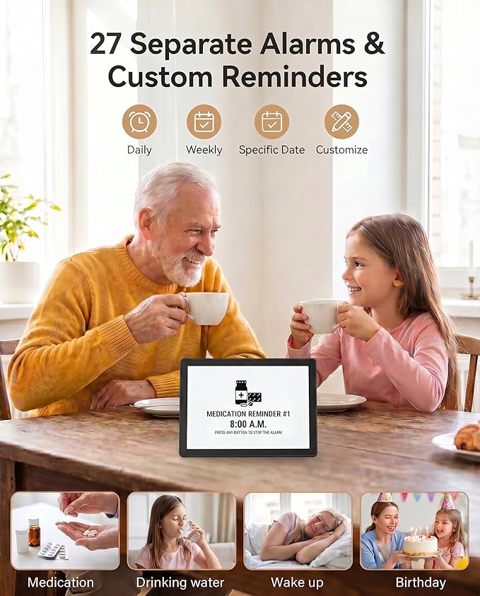 【Upgraded】11.5" Large Digtal Clock with Voice-Talking Day and Date for Seniors, 27 Alarms & Custom Reminders, 10-Level Auto Dimmer, Auto DST, 8 Colors Display Clock for Elderly Dementia Alzheimers