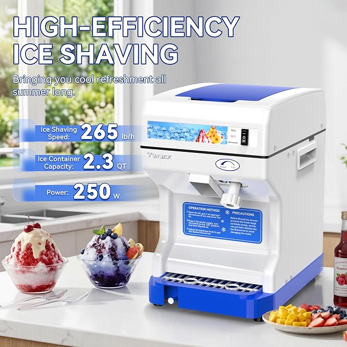 Electric Ice Crusher Shaver, 250W Snow Cone Maker Machine 265LBs/hr Thickness Adjustable for Bar Parties Events Snack(2.3Qt)