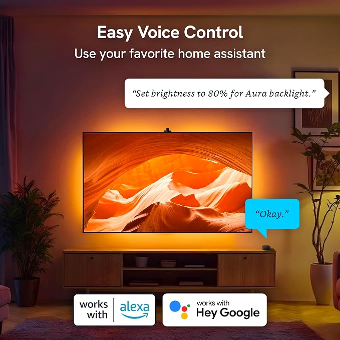 Aura Labs Smart TV Backlight Sync to Screen for 40-50 Inch TV - Camera-Based Color Match - Backlighting for TV - Voice and App Control - RGB LED Strip Light - LED Lights for TV