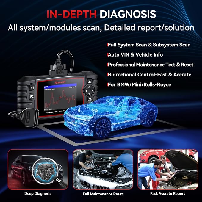 iCarsoft BMM V3.0(New Ver) Diagnostic Scan Tool for BMW OBD2 Scanner, All System Bi-Directional Tests/ECU Coding Code Reader, All Resets/Battery Registration- for BMW Mini Rolls-Royce-Free Update