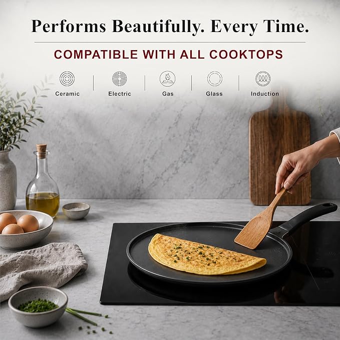 Alva Ceramic Nonstick Crepe Pan 11 Inch Flat Griddle Pan for Crepes, Pancakes, Eggs & Tortillas, PFAS-Free Aluminum Frying Pan, Induction Compatible Black, Dosa Tawa, Roti, Chapati Skillet