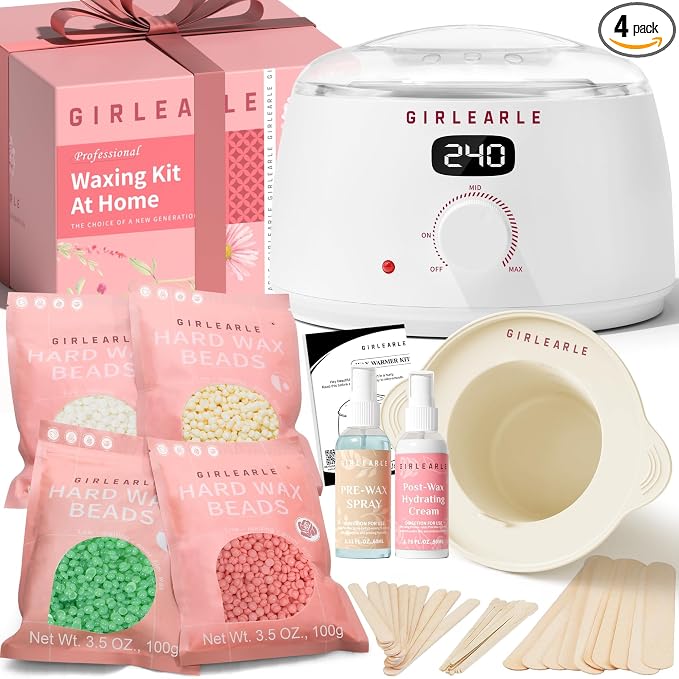 GIRLEARLE White Digital Waxing Kit for Women and Men Sensitive Skin, Wax Warmer Hair Removal at Home with Wax Beads & Silicone Pot, Target Different Types of Brazilian Bikini, Facial, Leg, Full body