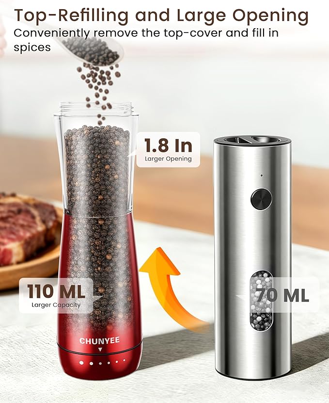 Electric Salt and Pepper Grinder Set - Automatic Stainless Steel Rechargeable Salt and Pepper Grinder Set with Storage Base, Large Capacity, LED Light & Adjustable Coarseness, Ideal Kitchen Gadget
