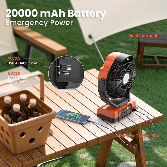 Camping Fan with Light - 20000mAh Rechargeable Battery Fan, 110Hrs Run Time, 4 Speeds, 8H Timers, 110° Auto Oscillation & 270° Pivot Tent Fan with Hook for Camping Power Outage, Hurricane(no adapter)