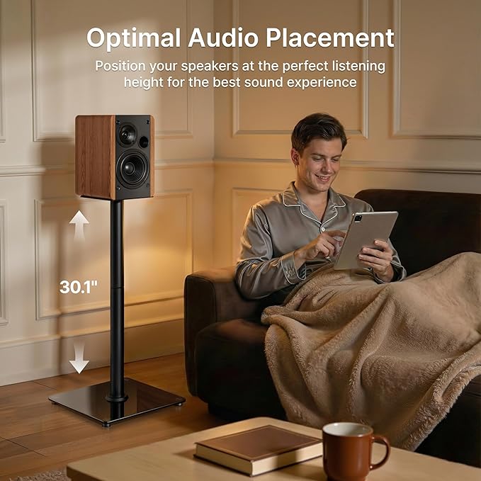 Speaker Stands Pair, 30" Fixed Height, 55lbs Weight Capacity, 11.8" Base, Cable Management, Freestanding Speaker Floor Stand for Surround Sound, Tempered Glass Base