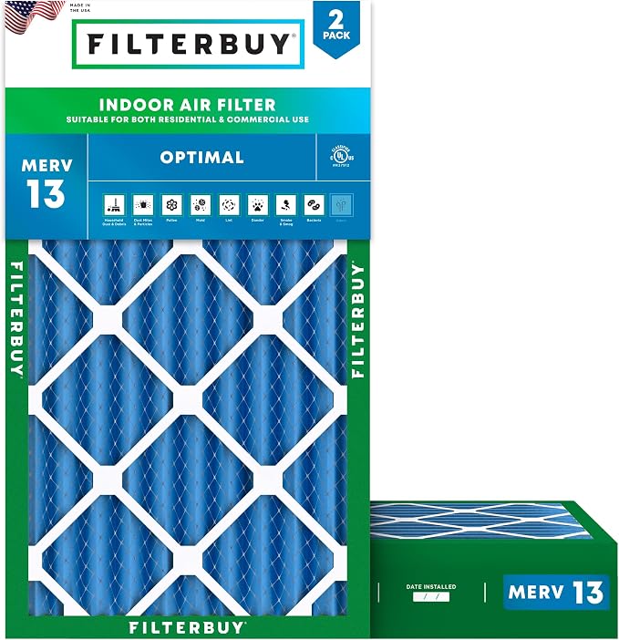Filterbuy 8x20x4 Air Filter MERV 13 Optimal Smoke & Allergy Defense (2-Pack), Electrostatic Pleated HVAC AC Furnace Filters Replacement, Made in USA (Actual Size: 8.00 x 20.00 x 3.63)