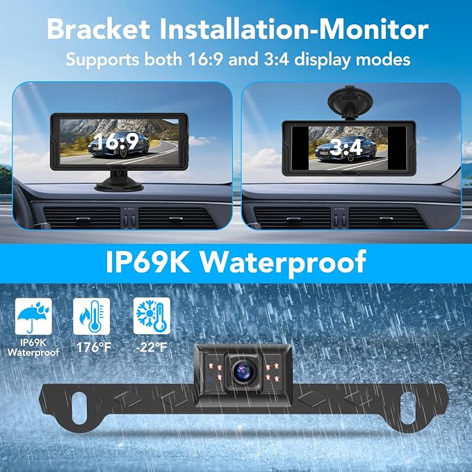 6.86 Inch Wired Backup Camera System with Monitor, 1080P HD Rearview Camera for Trucks Cars SUVs, IP69K Waterproof Reverse Cam, Enhanced Super Night Vision & 2-Channel Split Screen, Dual Bracket Mount