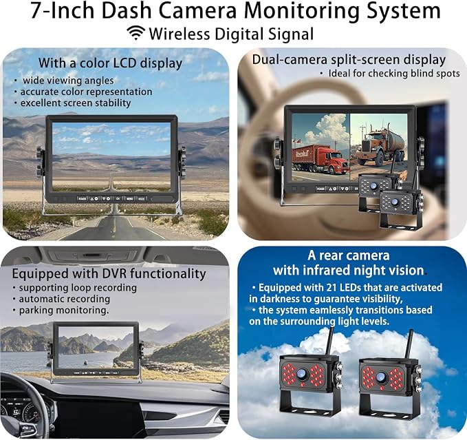 Wireless Backup Camera – Plug & Play, Pre-Wired for Furrion, 4-Channel Split-Screen, 1080P HD 7" Monitor, Wide View & Night Vision & Recording, for Trailer/Camper/Motorhome (2 Camera)