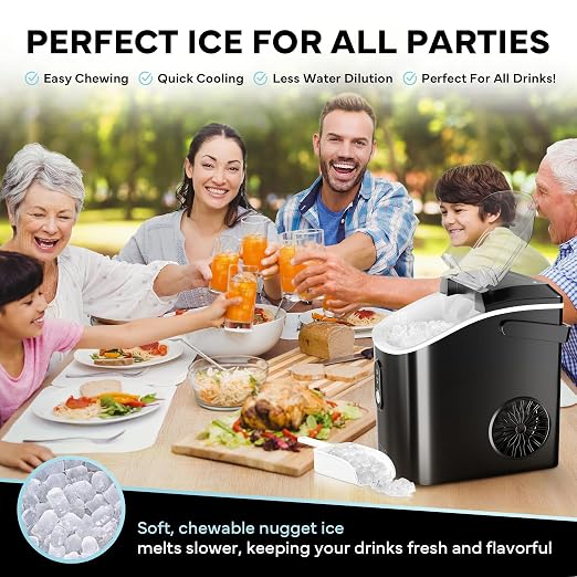 Nugget Ice Maker Countertop Sonic Ice Machine - 34 lbs/24H Pebble Ice Maker in 6-7 Min with Plastic Cup with Straw & Scoop - Countertop Ice Maker Nugget Ice for Home, Office, Bar, Party, Camping