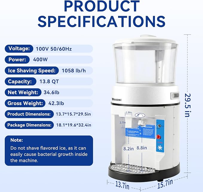 Electric Ice Shaver Machine 400W Commercial Shaved Ice Machine with Safety Switch & Emergency Button, 1058lbs/ Hr Rotate Speed & Strong Power Tabletop for Parties Events Snack Bar(12.6Qt)