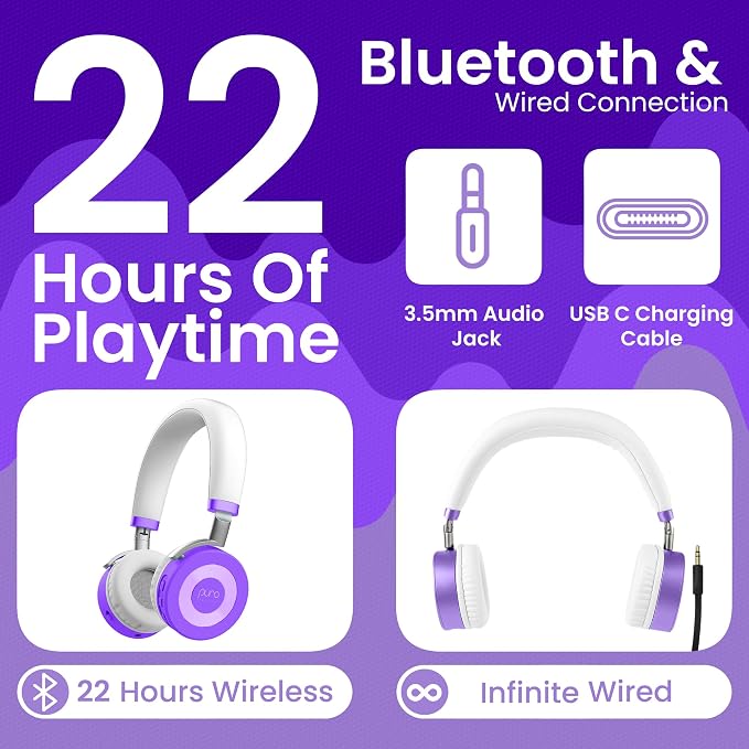Puro Sound Labs JuniorJam Plus Volume-Limiting Wireless Bluetooth Headphones for Kids, Secure Audio with Adjustable On-Ear Design, 22-Hour Battery Life, Ideal for Tablets, Smartphones & PCs - Purple