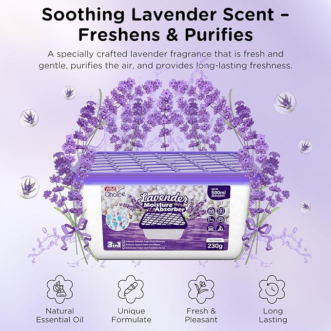 W&E Choice Moisture Absorber, Lavender Scented Dehumidifier for Home, Portable Humidity Absorber Boxes for Your Bathroom, Closet & Car, Bulk Humidity Pack for Home 12 Pack