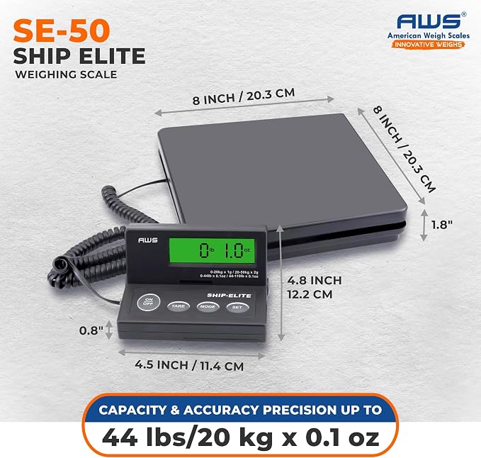American Weigh Scales Digital Shipping Scale | Highly Accurate Multifunctional Postal Package & Luggage Weighing Scale | 110 lbs x 0.1 oz | Backlit LCD | Battery & AC Adapter | Compact Platform