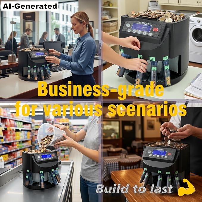 Professional USD Coin Counter and Sorter with LCD Display,Coin Sorter Machine for USD Coin 1￠5￠10￠25￠$1, 2000-coin Capacity,300 Coins/min,Automatic Change Counter,5 Bins,5 Tubes (+96 Wrappers+Cover)