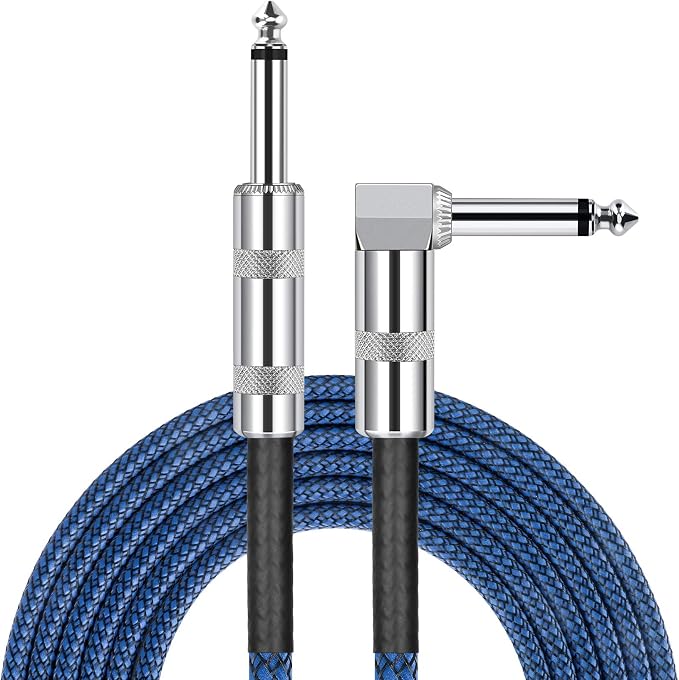 JOLGOO Guitar Cable 1/4 Inch Cable 20 Ft Straight to Right Angle 1/4 Inch 6.35mm Plug Bass Keyboard Instrument Cable Blue and Black Tweed Cloth Jacket, Electric Mandolin, pro Audio