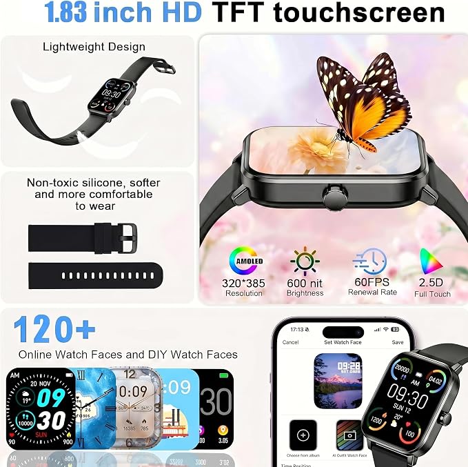 Jacoosa Smart Watches for Men, 1.83" HD Touchscreen with Bluetooth Calling, 120+ Sport Modes Fitness Tracker, IP68 Waterproof, Heart Rate Sleep Monitor Timer, Compatible with Android iOS(Black)