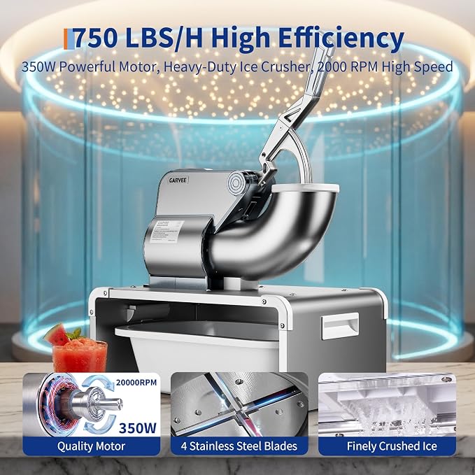 Garvee Commercial Ice Shaver 750LBS/H, 350W Electric Ice Crusher with 4 Stainless Steel Blades, 2000RPM, 2.64Gal Hopper & Replaceable Container Shaved Snow Cone Machine for Dessert Shops, Bars, Silver