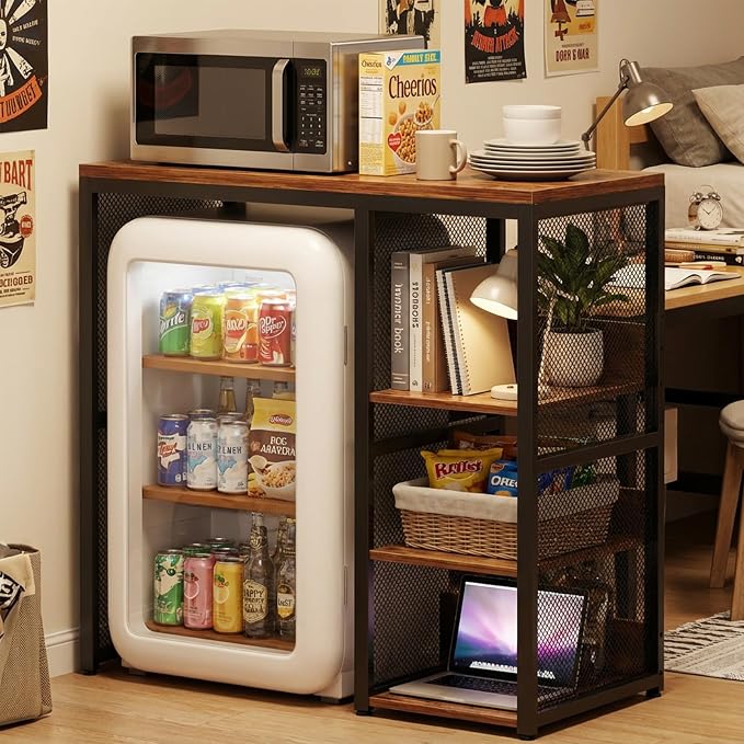 Homieasy Mini Fridge Cabinet with Power Outlet, Coffee Bar Cabinet with Mini Fridge Space, Industrial Liquor Cabinet with Wine Storage & Glass Holder for Dorm, Living Room, Home Kitchen, Rustic Brown