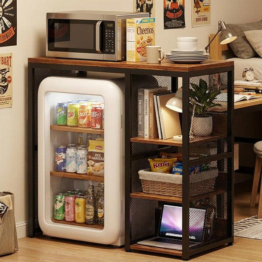 Homieasy Mini Fridge Cabinet with Power Outlet, Coffee Bar Cabinet with Mini Fridge Space, Industrial Liquor Cabinet with Wine Storage & Glass Holder for Dorm, Living Room, Home Kitchen, Rustic Brown