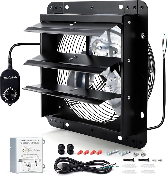 10 Inch Wall Mounted Shutter Exhaust Fan with Thermostat and Speed Controller for Attic, Greenhouse, Shed, Garage, Chicken Coop, Shop, Barn Ventilation, 820 CFM Louvered Vent Fan, Black