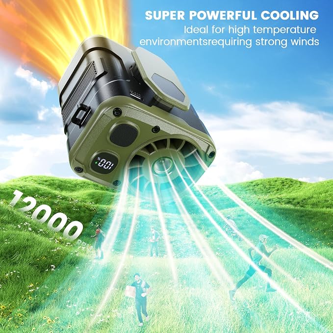 coldSky Upgraded Waist Fan Clip On, Wearable Belt/Neck Personal Fan with Light, 5 Speeds Strong Airflow Cooling for Outdoor Jobsite Camping Travel