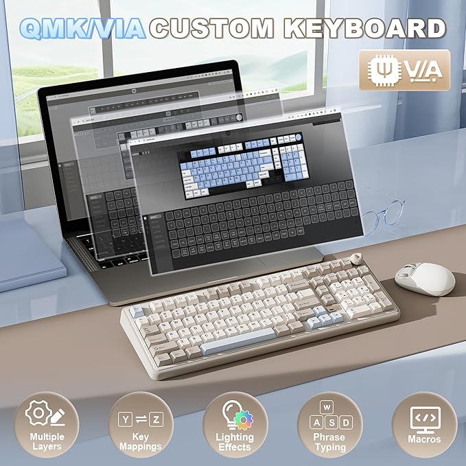 YUNZII B98 PRO QMK/VIA Wireless Mechanical Gaming Keyboard,96% Layout with Numpad and Cute Cat Knob, BT/2.4G/USB-C,Linear Switch Hot Swap Gasket,RGB for Win/Mac (Beige, Candy Linear Switch)