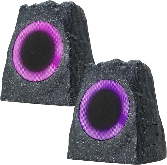 2-Pack Solar Powered Rock Speakers Outdoor Water-Resistant with 3 Mode Lights and Pair Function USB Rechargeable for Patio Garden Party Pool Outside