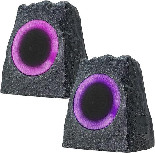 2-Pack Solar Powered Rock Speakers Outdoor Water-Resistant with 3 Mode Lights and Pair Function USB Rechargeable for Patio Garden Party Pool Outside