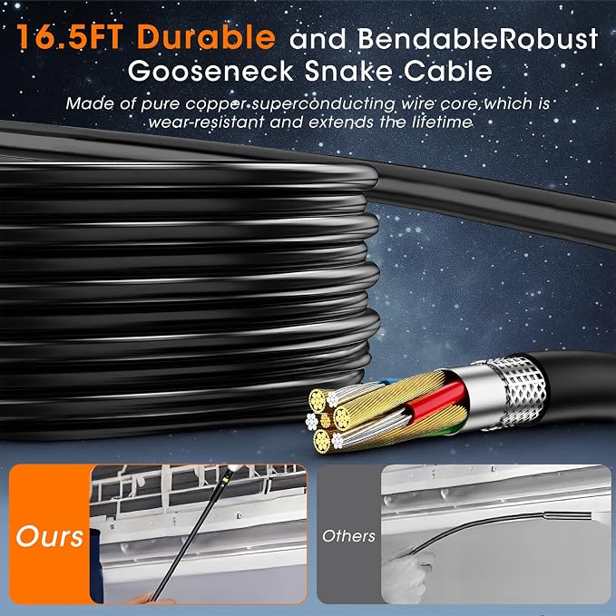 Endoscope Camera with Light, 5" IPS 1920P HD Borescope with Triple Lens, Inspection Borescope with 16.4FT Semi-Rigid Snake Cable and 32GB Card, IP67 Waterproof Drain Camera for Sewer/Pipe/Automotive