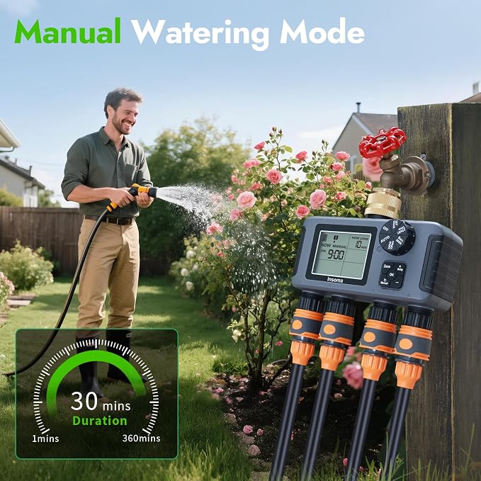 Insoma Water Timer with Brass Inlet, 4 Independent Zones Outdoor Hose Timer for Garden Faucet with Auto/Manual/Rain Delay Mode, IPX5 Waterproof, Sprinkler Irrigation Controller for Yard Lawn