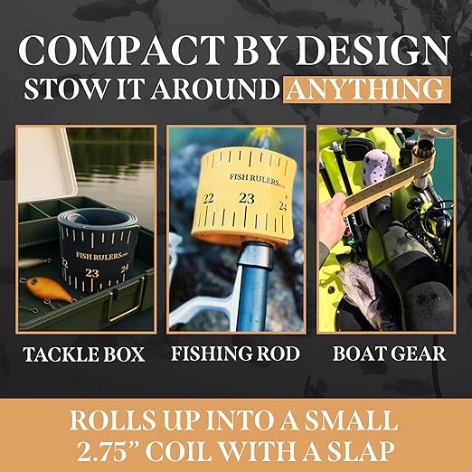 Roll-up & Slap-on Premium Fishing Tape Measure - Easy-to-Read Catch and Release Fish Measuring Device for Boat & Kayak Accessories - Compact & Extendable Fish Ruler (Black - 24" Inches)