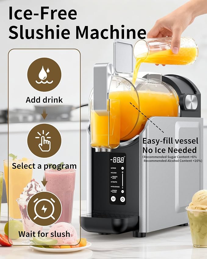 Slushie Machine, Slushy Maker for Home, Frozen Drink Maker with 5 Preset Programs for Margaritas, Frappés, Milk Shake, No Ice Needed, LED Display, Self Clean