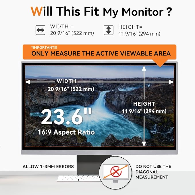 23.6 Inch Computer Privacy Screen Filter for 16:9 Aspect Ratio Widescreen Monitor - Anti Glare Blue Light Filter, Removable Computer Monitor Privacy Shield, Anti-Scratch Screen Protector Film 23.6 in