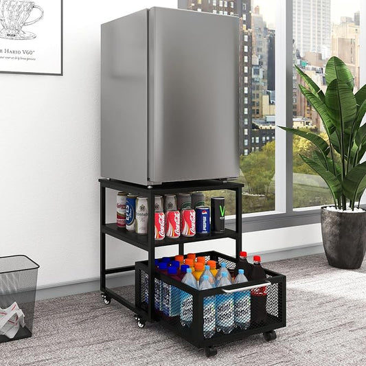 PUNCIA 19.7"x19.7" Mini Fridge Stand 3-Tier Storage Beverage Fridge Table | 220-lb Capacity Beverage Refrigerator Table, Heavy Duty Rolling Organizer with Drawers for Dorm Apartment Office Bedroom