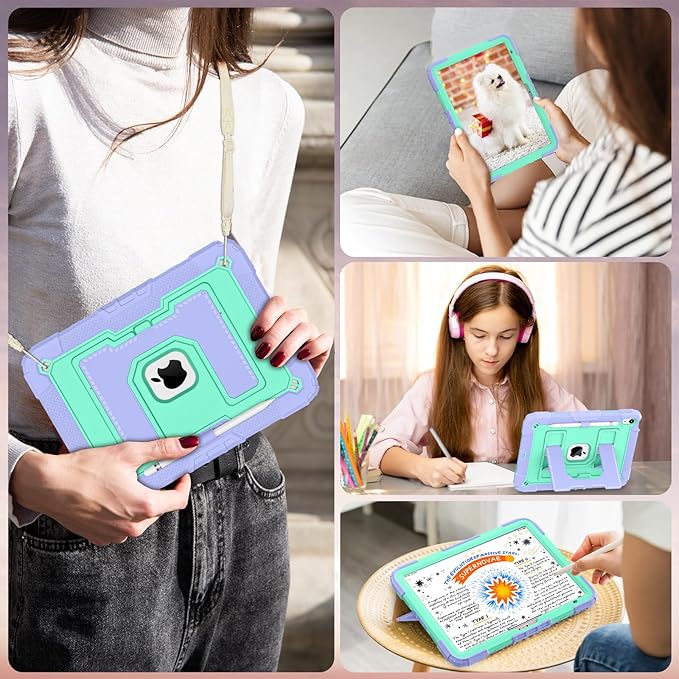 WESOROL Case for iPad A16 11th/10th Generation 2025/2022 with Pencil Holder Shoulder Strap iPad Case 10th Generation Shockproof Cover for iPad 11th/10th Gen Cases,Purple Green