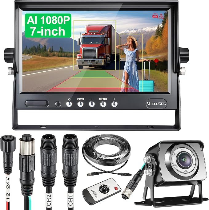VGS AI Backup Camera System, 1080P HD Starlight Night Vision, Auto Detect Pedestrians, Vehicles & Pedestrian-Vehicle Combo, 7" Auto-Dimming Monitor, IP69K Waterproof for Trucks & RVs