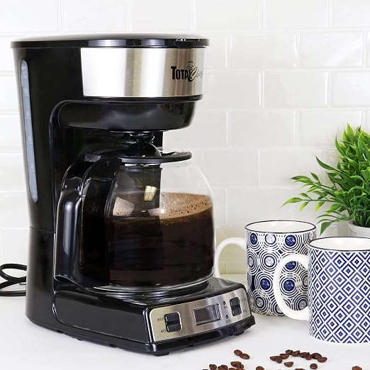 Total Chef TCCM06 Programmable Coffee Maker Stainless Steel with 12-Cup Glass Carafe, LCD Display, Reusable Basket Filter Easy Cleanup Built in Water-Level Indicator, Countertop, Black/Gray