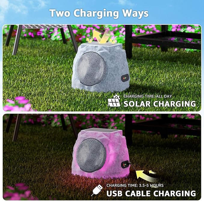 Rock Speakers Outdoor Water-Resistant IP44, Multi-Sync Up to 100 Speakers, Solar-Powered Rock Speaker with Light for Patio Garden Party Pool Deck Yard Outside
