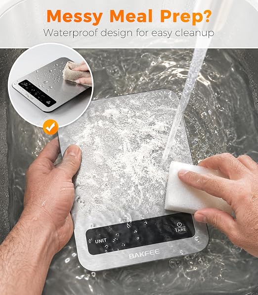 100% Waterproof Food Scale, IP67 Digital Kitchen Scale, Rechargeable (USB-C), 0.1oz/1g Precision, 22lb Capacity, Stainless Steel & Tempered Glass, for Cooking, Making Sourdough Bread, Grey