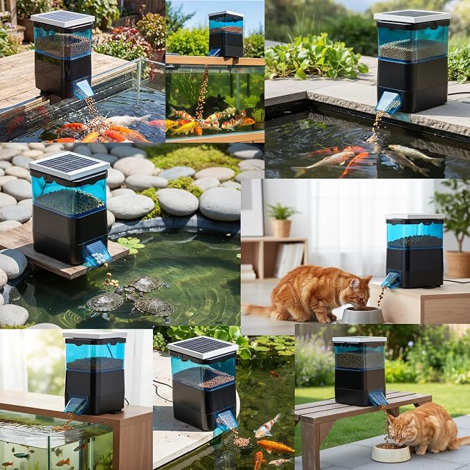 NEWTRY Automatic Pond Fish Feeder, 2.8L Solar Powered Auto Fish Feeder for Pond, Battery & AC Power, Programmable Auto Timer Automatic Dispenser for Vacation, Indoor & Outdoor