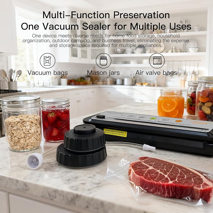 MEGAWISE Food Sealer w/Premium Kit with Accessory Hose for Wide and Regular Mouth Sealer, Dry & Moist Food Modes, Compact Design with 10 Vacuum Bags & 20 Mason Tin Lids. (Premium)