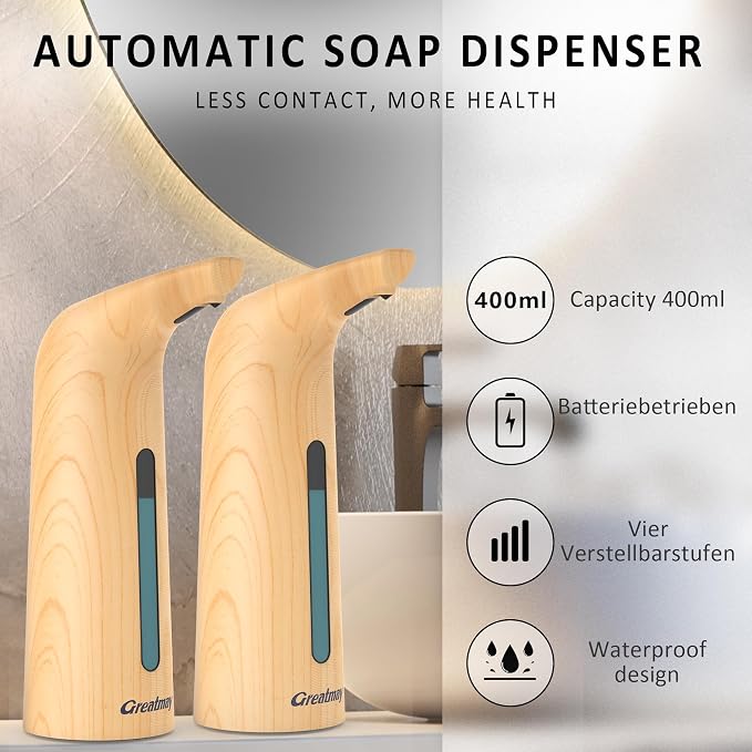Convenient Automatic Soap Dispenser,4 Adjustable Levels Touchless Hand Sanitizer Pump, 400 ml Countertop Electric Soap Dispenser for Bathroom,Kitchen (Light Grain+Light Grain)