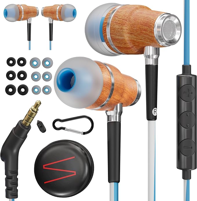 Symphonized Wired Earbuds 3.5mm Jack – Wooden Earphones with Mic & Volume Control, Plug In Ear Headphones Wire, Corded Ear Buds Wired Earbuds with Microphone for Computer, Laptop & Phone with Aux Cord