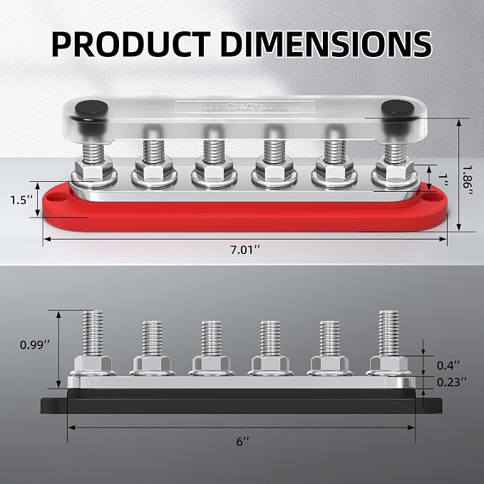 300A 12V Bus Bar with 6 x 3/8" (M10) Studs & Cover, Power Distribution Block for Marine Boat Solar RV, 12 Volt Bus Bar Terminal Block Kit with 4 AWG 1/0 & 8 AWG 2/0 Copper Lugs