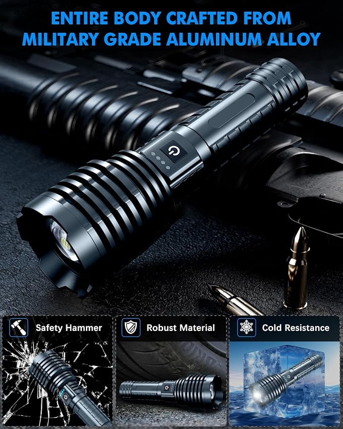 Super Bright Rechargeable LED Flashlights 2500,000High Lumens,Powerful Tactical Flashlight Up to 25H Long Battery Life|Zoomable|5Light Modes|IP67 Waterproof,Flashlights High Lumens for Camping (Grey)