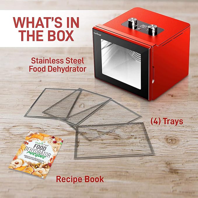 NutriChef Electric Countertop Food Dehydrator Machine - 350-Watt Premium Multi-Tier Meat Beef Jerky Maker Fruit/Vegetable Dryer w/ 4 Stainless Steel Trays, Digital Timer, Temperature Control