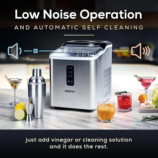 Igloo Portable Ice Maker with Scoop - Ice Maker with LED Control Panel & 1.5 Quart Water Tank - Stainless Ice Cube Maker Produces 26 Lbs. of Ice in 24 Hours with 9 Large or Small Cubes in 7 Minutes